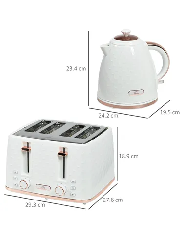 HOMCOM 1.7L 3000W Fast Boil Kettle & 4 Slice Toaster Set, Kettle and Toaster Set with 7 Browning Controls, Crumb Tray, White