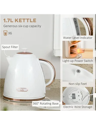 HOMCOM 1.7L 3000W Fast Boil Kettle & 4 Slice Toaster Set, Kettle and Toaster Set with 7 Browning Controls, Crumb Tray, White