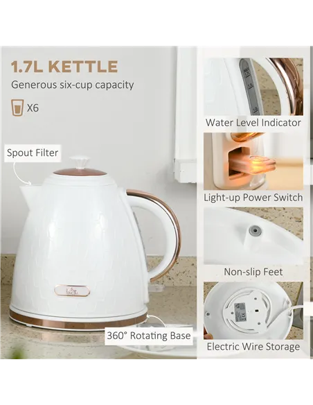 HOMCOM 1.7L 3000W Fast Boil Kettle & 4 Slice Toaster Set, Kettle and Toaster Set with 7 Browning Controls, Crumb Tray, White