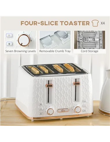 HOMCOM 1.7L 3000W Fast Boil Kettle & 4 Slice Toaster Set, Kettle and Toaster Set with 7 Browning Controls, Crumb Tray, White