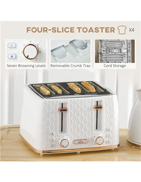 HOMCOM 1.7L 3000W Fast Boil Kettle & 4 Slice Toaster Set, Kettle and Toaster Set with 7 Browning Controls, Crumb Tray, White
