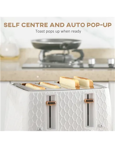 HOMCOM 1.7L 3000W Fast Boil Kettle & 4 Slice Toaster Set, Kettle and Toaster Set with 7 Browning Controls, Crumb Tray, White