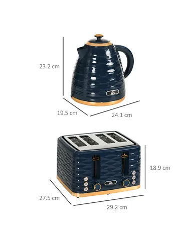 HOMCOM 3000W 1.7L Rapid Boil Kettle & 4 Slice Toaster, Kettle and Toaster Set with 7 Browning Controls and Crumb Tray, Blue