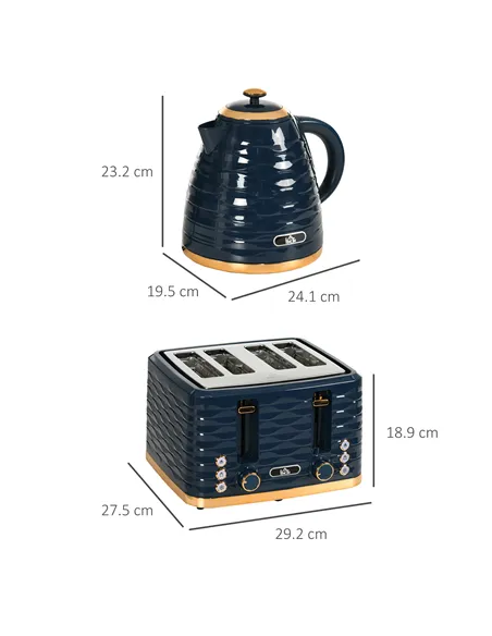 HOMCOM 3000W 1.7L Rapid Boil Kettle & 4 Slice Toaster, Kettle and Toaster Set with 7 Browning Controls and Crumb Tray, Blue