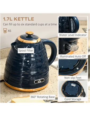 HOMCOM 3000W 1.7L Rapid Boil Kettle & 4 Slice Toaster, Kettle and Toaster Set with 7 Browning Controls and Crumb Tray, Blue