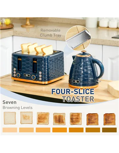 HOMCOM 3000W 1.7L Rapid Boil Kettle & 4 Slice Toaster, Kettle and Toaster Set with 7 Browning Controls and Crumb Tray, Blue