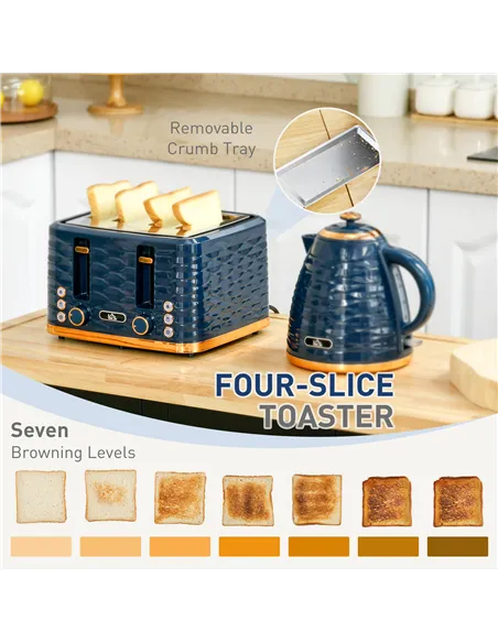 HOMCOM 3000W 1.7L Rapid Boil Kettle & 4 Slice Toaster, Kettle and Toaster Set with 7 Browning Controls and Crumb Tray, Blue