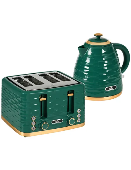 HOMCOM 3000W 1.7L Rapid Boil Kettle & 4 Slice Toaster, Kettle and Toaster Set with 7 Browning Controls and Crumb Tray, Green