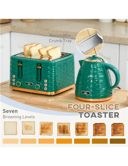 HOMCOM 3000W 1.7L Rapid Boil Kettle & 4 Slice Toaster, Kettle and Toaster Set with 7 Browning Controls and Crumb Tray, Green