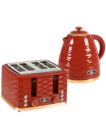 HOMCOM 3000W 1.7L Rapid Boil Kettle & 4 Slice Toaster, Kettle and Toaster Set with 7 Browning Controls and Crumb Tray, Red