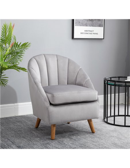 HOMCOM Accent Chair Velvet Fabric Single Sofa Armchair Home Living Room Solid Wood Leg Upholstered Side Armchair Grey