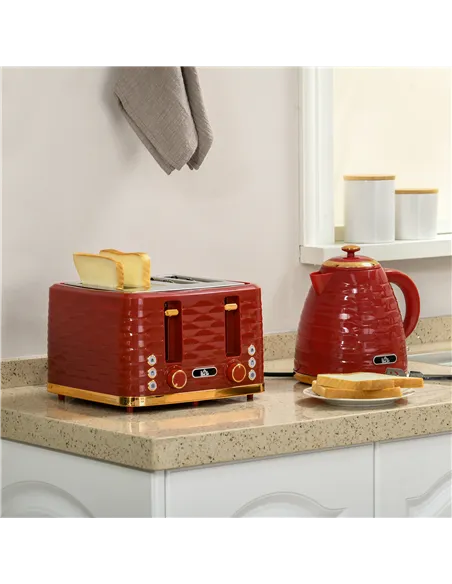 HOMCOM 3000W 1.7L Rapid Boil Kettle & 4 Slice Toaster, Kettle and Toaster Set with 7 Browning Controls and Crumb Tray, Red