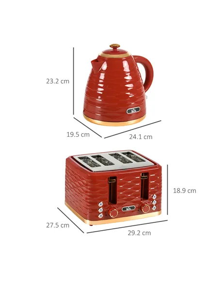 HOMCOM 3000W 1.7L Rapid Boil Kettle & 4 Slice Toaster, Kettle and Toaster Set with 7 Browning Controls and Crumb Tray, Red