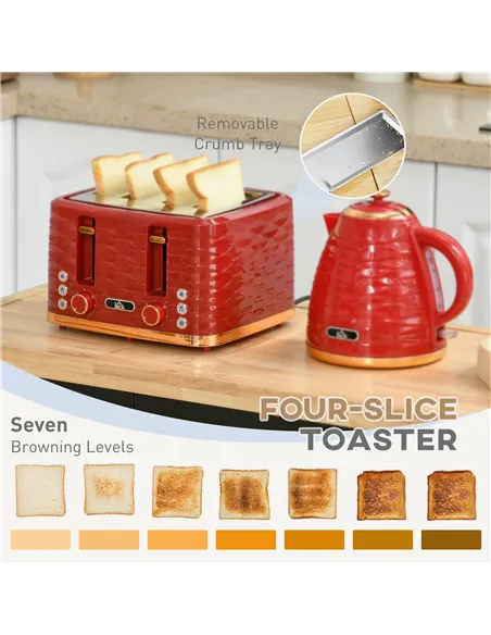 HOMCOM 3000W 1.7L Rapid Boil Kettle & 4 Slice Toaster, Kettle and Toaster Set with 7 Browning Controls and Crumb Tray, Red