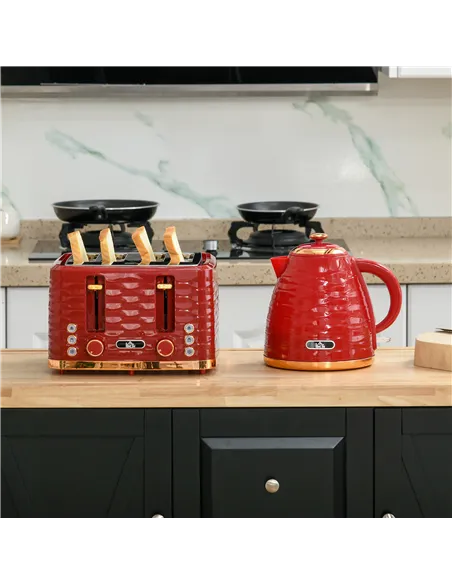 HOMCOM 3000W 1.7L Rapid Boil Kettle & 4 Slice Toaster, Kettle and Toaster Set with 7 Browning Controls and Crumb Tray, Red