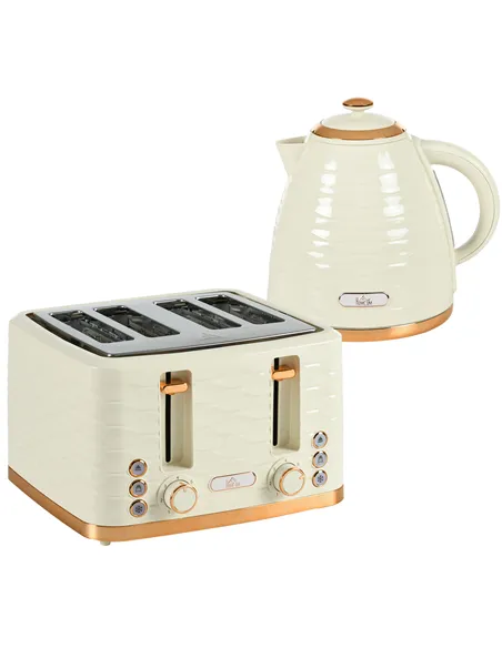 HOMCOM 3000W 1.7L Rapid Boil Kettle & 4 Slice Toaster, Kettle and Toaster Set with 7 Browning Controls and Crumb Tray, Beige