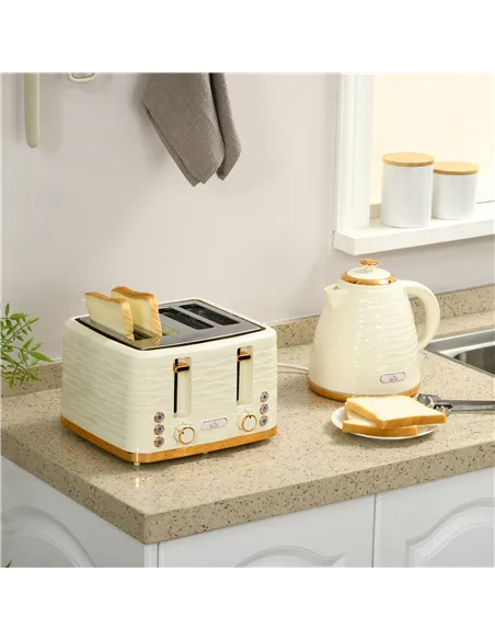 HOMCOM 3000W 1.7L Rapid Boil Kettle & 4 Slice Toaster, Kettle and Toaster Set with 7 Browning Controls and Crumb Tray, Beige