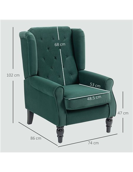 HOMCOM Wingback Accent Chair, Retro Upholstered Button Tufted Occasional Chair for Living Room and Bedroom, Green