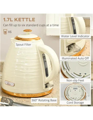 HOMCOM 3000W 1.7L Rapid Boil Kettle & 4 Slice Toaster, Kettle and Toaster Set with 7 Browning Controls and Crumb Tray, Beige