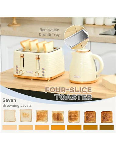 HOMCOM 3000W 1.7L Rapid Boil Kettle & 4 Slice Toaster, Kettle and Toaster Set with 7 Browning Controls and Crumb Tray, Beige