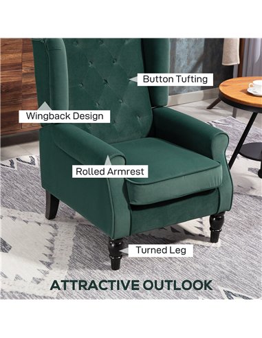 HOMCOM Wingback Accent Chair, Retro Upholstered Button Tufted Occasional Chair for Living Room and Bedroom, Green