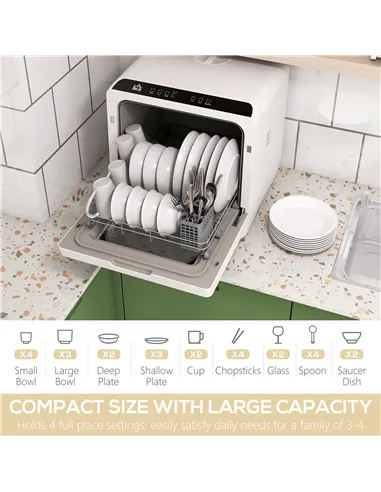 HOMCOM Table Top Dishwasher with Built-in 6L Water Tank, Mini Countertop Dishwasher with 6 Programs, 4 Place Settings, Black