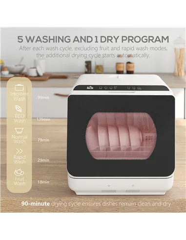 HOMCOM Table Top Dishwasher with Built-in 6L Water Tank, Mini Countertop Dishwasher with 6 Programs, 4 Place Settings, Black