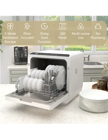 HOMCOM Table Top Dishwasher with Built-in 6L Water Tank, Mini Countertop Dishwasher with 6 Programs, 4 Place Settings, Black