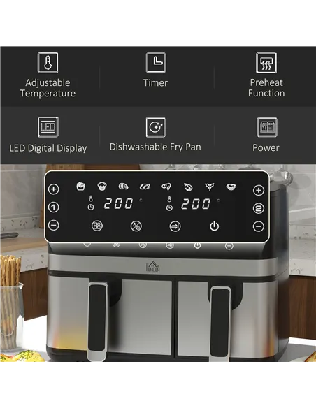 HOMCOM 8.5L Dual Basket Air Fryer, with Sync and Multi-Menu Cooking