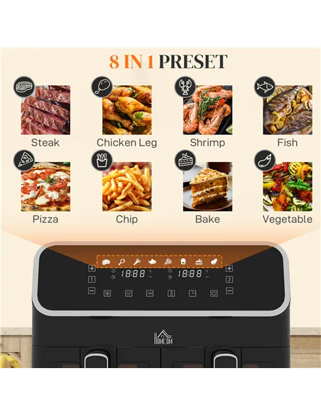 HOMCOM 8L Dual Basket Air Fryer, 80-200℃, with Sync Function - Black/Silver