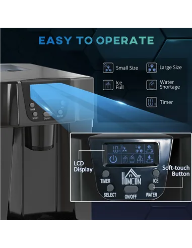 HOMCOM 3L Ice Maker Machine and Water Dispenser, 12kg in 24H, 2 Sizes 9 Ice Cubes Ready in 6-10 Mins Ice Machine, Black