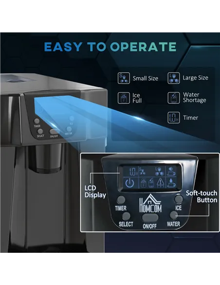 HOMCOM 3L Ice Maker Machine and Water Dispenser, 12kg in 24H, 2 Sizes 9 Ice Cubes Ready in 6-10 Mins Ice Machine, Black