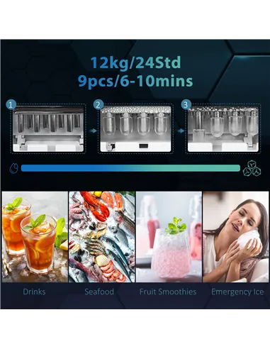 HOMCOM 3L Ice Maker Machine and Water Dispenser, 12kg in 24H, 2 Sizes 9 Ice Cubes Ready in 6-10 Mins Ice Machine, Black