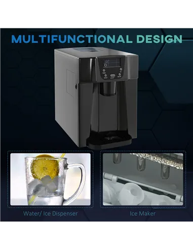 HOMCOM 3L Ice Maker Machine and Water Dispenser, 12kg in 24H, 2 Sizes 9 Ice Cubes Ready in 6-10 Mins Ice Machine, Black