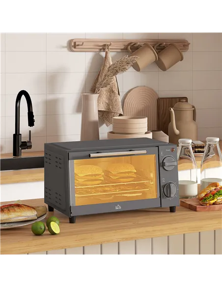 HOMCOM Mini Oven, 9L Countertop Electric Grill, Toaster Oven with Adjustable Temperature, Timer, Dishwasher Safe Baking Tray and