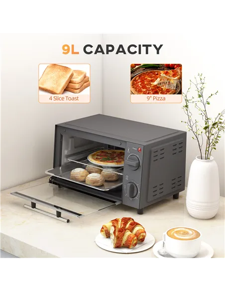 HOMCOM Mini Oven, 9L Countertop Electric Grill, Toaster Oven with Adjustable Temperature, Timer, Dishwasher Safe Baking Tray and