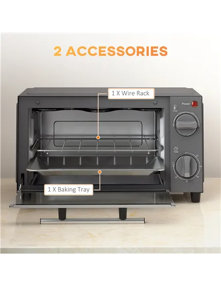 HOMCOM Mini Oven, 9L Countertop Electric Grill, Toaster Oven with Adjustable Temperature, Timer, Dishwasher Safe Baking Tray and