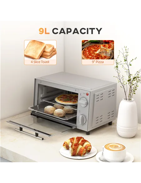 HOMCOM Mini Oven, 9L Countertop Electric Grill, Toaster Oven with Adjustable Temperature, Timer, Dishwasher Safe Baking Tray and