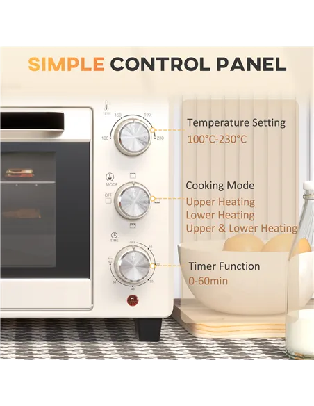 HOMCOM 21L Mini Countertop Oven, 100°C-230°C Adjustable Temp - White