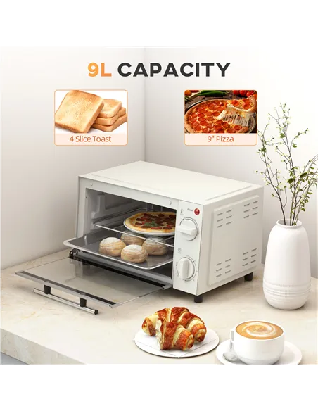 HOMCOM Mini Oven, 9L Countertop Electric Grill, Toaster Oven with Adjustable Temperature, Timer, Dishwasher Safe Baking Tray and