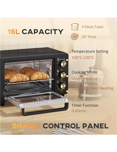 HOMCOM 16L Mini 1400W Countertop Oven - Black