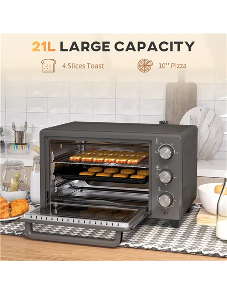 HOMCOM 21L Mini Countertop Oven, 100°C-230°C Adjustable Temp - Grey