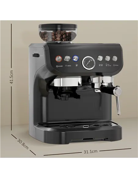HOMCOM 15 Bar Coffee Machine, with Adjustable Grind, Steamer and Accessories