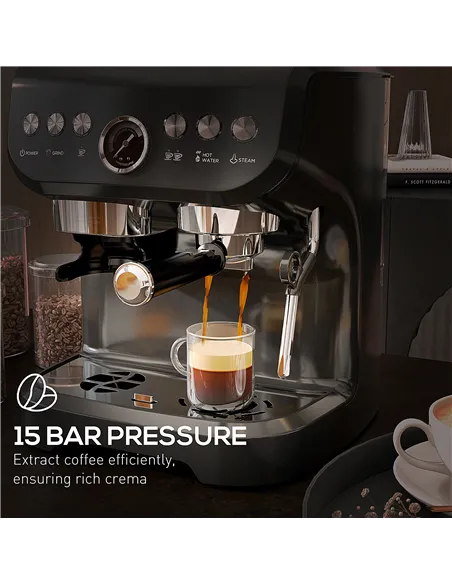 HOMCOM 15 Bar Coffee Machine, with Adjustable Grind, Steamer and Accessories