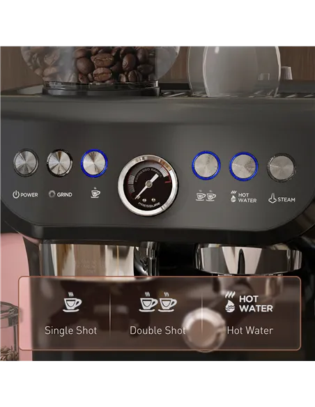 HOMCOM 15 Bar Coffee Machine, with Adjustable Grind, Steamer and Accessories