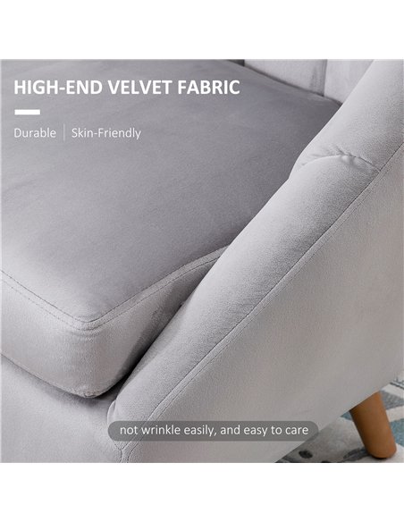 HOMCOM Accent Chair Velvet Fabric Single Sofa Armchair Home Living Room Solid Wood Leg Upholstered Side Armchair Grey