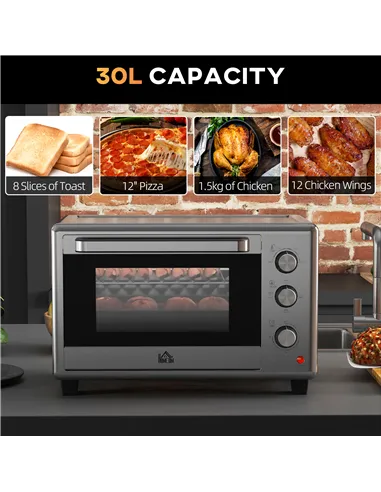 HOMCOM 30L 60-230℃ Mini Electric Oven, with Accessories - Silver Tone