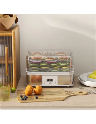 HOMCOM 5 Tier Food Dehydrator, 245W Stainless Steel Food Dryer Machine with Adjustable Temperature, Timer and LCD Display for Dr