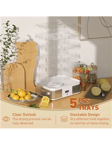 HOMCOM 5 Tier Food Dehydrator, 245W Stainless Steel Food Dryer Machine with Adjustable Temperature, Timer and LCD Display for Dr