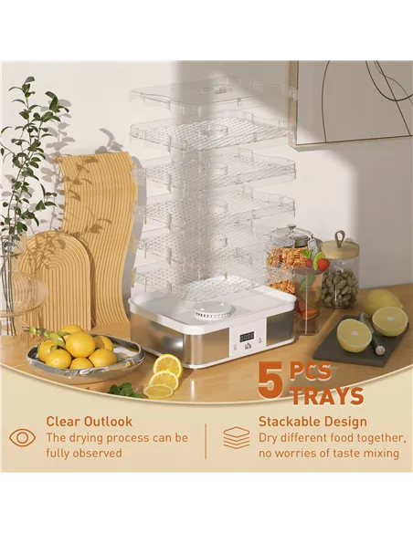 HOMCOM 5 Tier Food Dehydrator, 245W Stainless Steel Food Dryer Machine with Adjustable Temperature, Timer and LCD Display for Dr